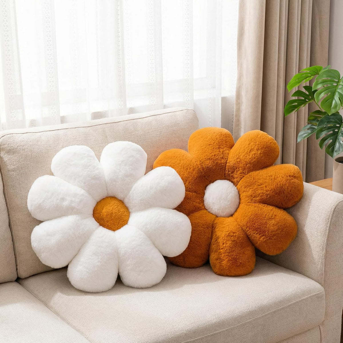 2 Pcs Flower Pillow Set, Brown White Cute Decorative Throw Pillows