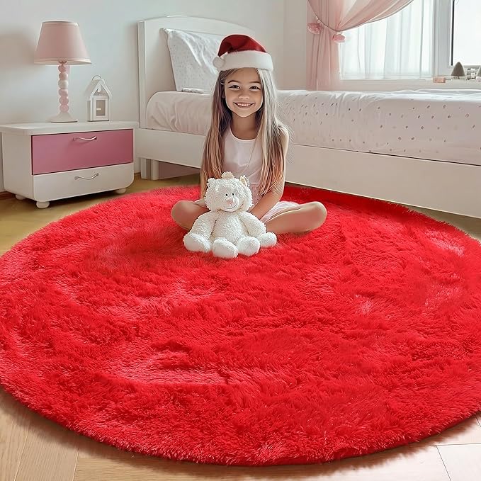 ONASAR Red Round Area Rug 4ft, Soft Bedroom Circle Rugs Floor Mat by ONASAR