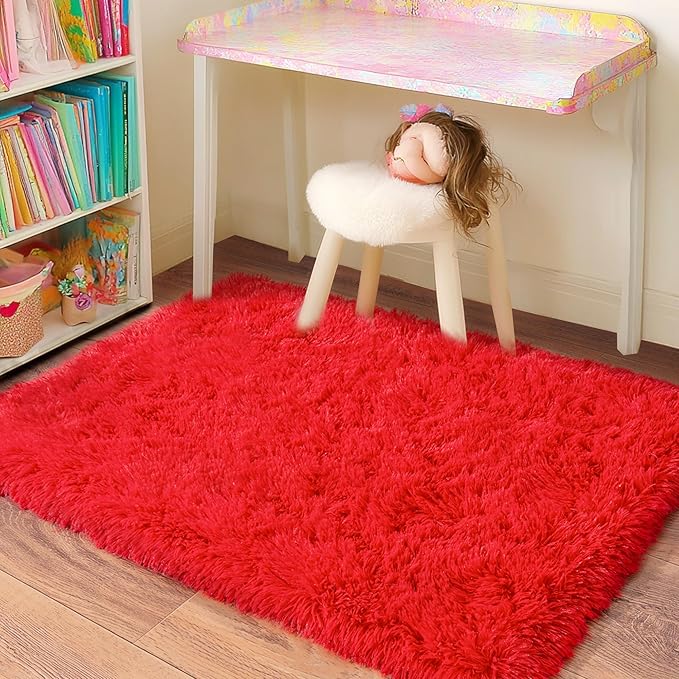 Small Area Rug, 2x3 Red Rug for Bedroom Shaggy Throw Rugs for Girls Room - Image 2