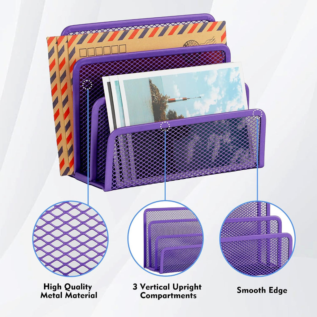 Desk Mail Organizer, Office Small Desktop Metal Mesh Envelope Letter Sorter Paper File Holder Organizer with 3 Vertical Upright Compartments, Purple 2 Pack