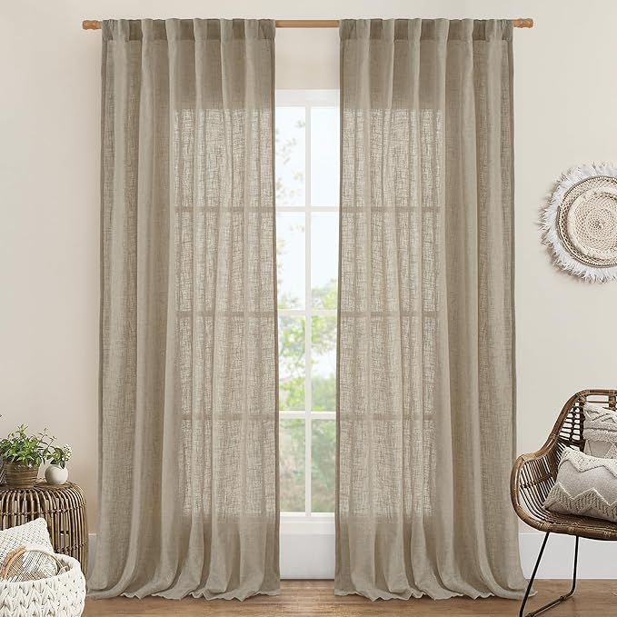 LAMIT Taupe Sheer Linen Curtains, 102 inch Light Filtering Semi Sheer Panels by LAMIT