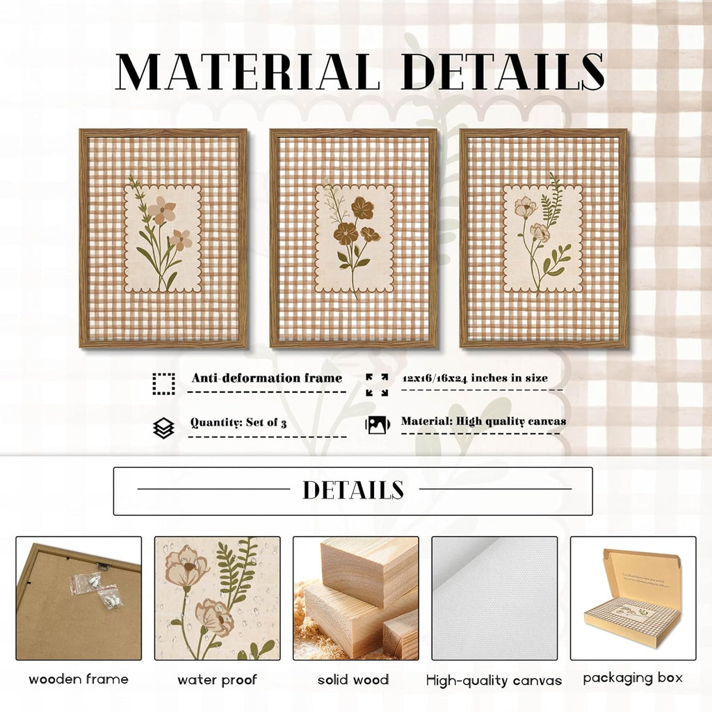 Framed Vintage Floral Wall Art Set of 3, Neutral Wildflower Botanical Canvas Wall Decor Paintings, Cottagecore Gingham Flower Posters Prints Pictures for Living Room Bedroom Bathroom 12x16 Inch