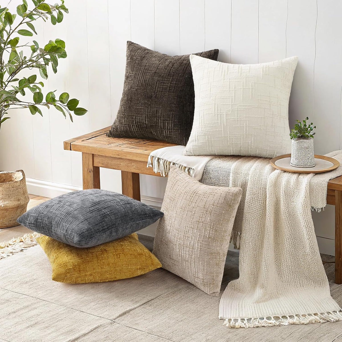 decorUhome Textured Chenille Throw Pillow Covers 20x20 Set of 2 Cream White