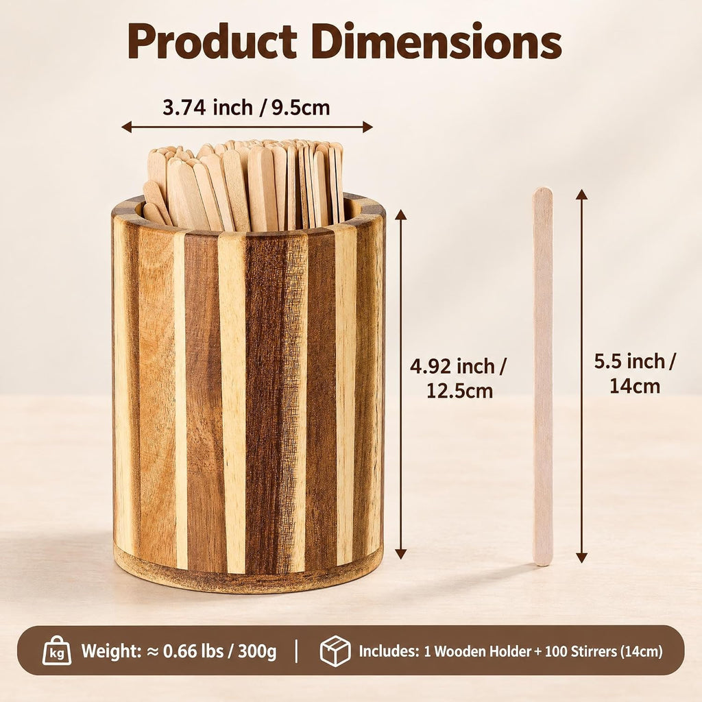 Wood Coffee Stirrers Holder Set with 100 Disposable Stir Sticks