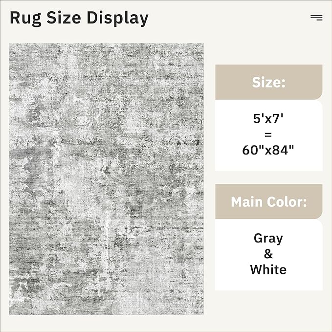 Abstract Rug 5x7 Machine Washable Area Indoor Grey White Low Pile Non-Slip - Image 5