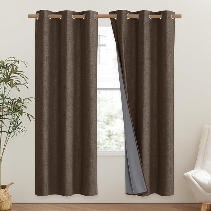 NICETOWN Coffee Vintage Linen 100% Blackout Curtains - Image 2