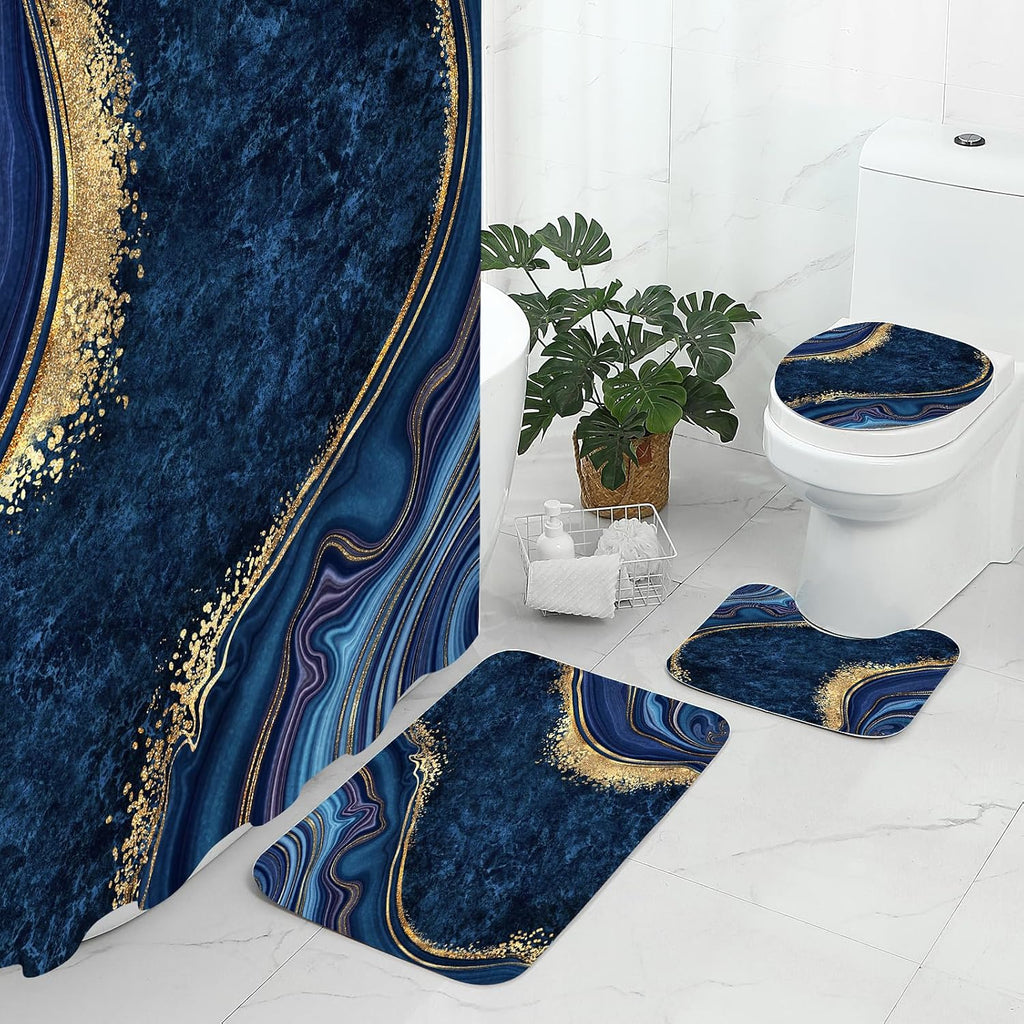 4 Pcs Luxury Marble Shower Curtain Set with Non-Slip Rugs, Toilet Lid Cover and Bath Mat, Gold Foil Navy Blue Bathroom Decor Set with Shower Curtain and Rugs and Accessories