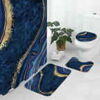 4 Pcs Luxury Marble Shower Curtain Set with Non-Slip Rugs, Toilet Lid Cover and Bath Mat, Gold Foil Navy Blue Bathroom Decor Set with Shower Curtain and Rugs and Accessories