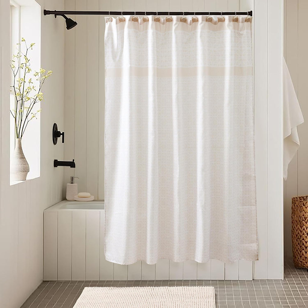 Bathroom Accessories Set, Bath Accessory Complete Set with Lotion Dispenser/Soap Pump, Soap Dish and Toothbrush Holder, Bath Mat, Shower Curtain with 12 Hooks (Embossed Pattern, Tan)