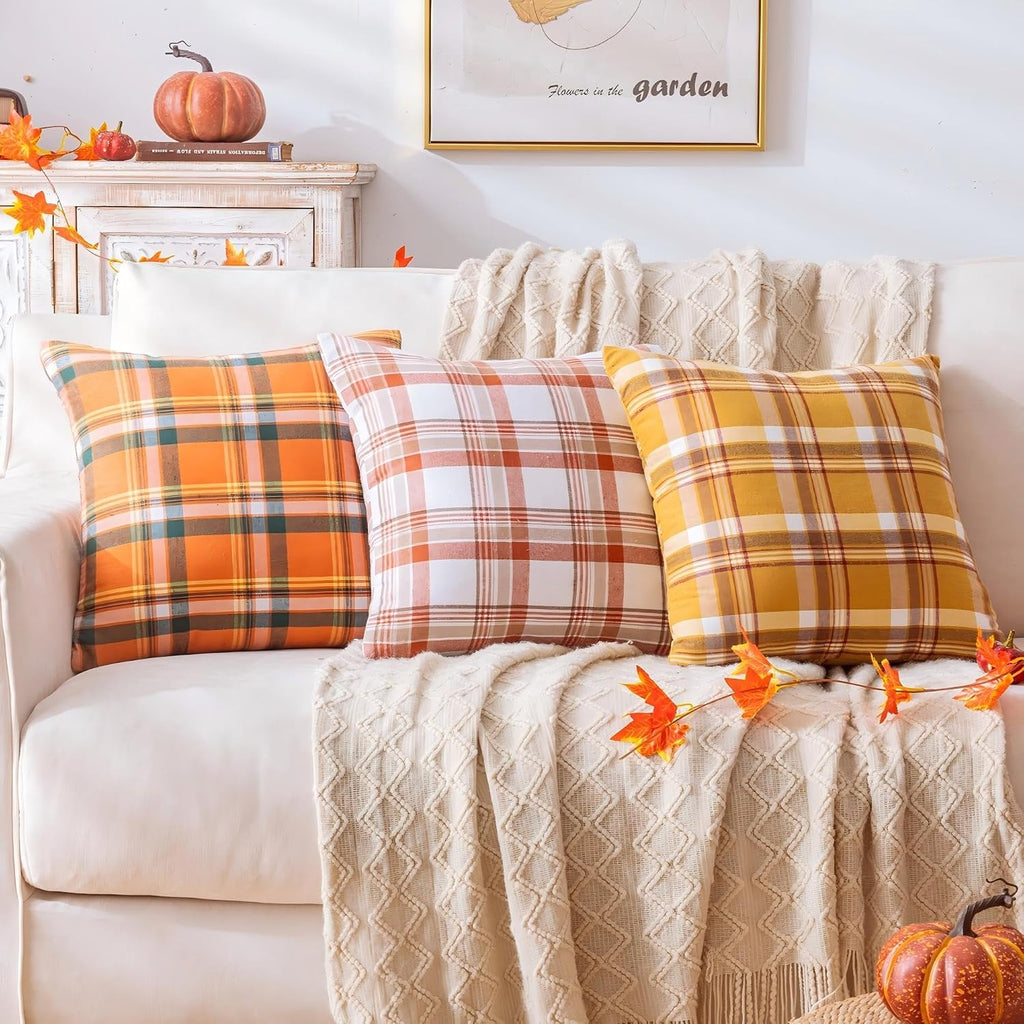 AQOTHES Fall Plaid Orange Green Throw Pillow Covers 18x18 Inch Set of 2