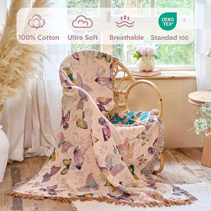 MSGKV Boho Throw Blanket for Couch Cotton Butterfly Blanket 50"x60" Sofa Chair - Image 2