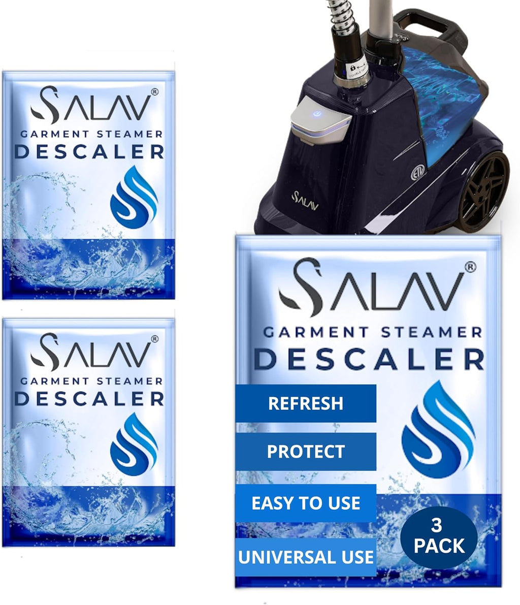 SALAV Garment Steamer Descaler Solution, Limescale & Mineral Buildup Remover, Universal Steamer Cleaner Packets, Monthly Appliance Care for Standing Clothes Steamers, 3pc Set