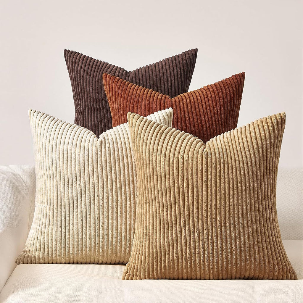 Topfinel Boho Throw Pillow Covers 18x18 Inch Set of 4 Soft Farmhouse Corduroy Striped Decorative Cushion Cover Beige Brown Gradient Rustic Pillow Case for Sofa Couch Living Room Bedroom
