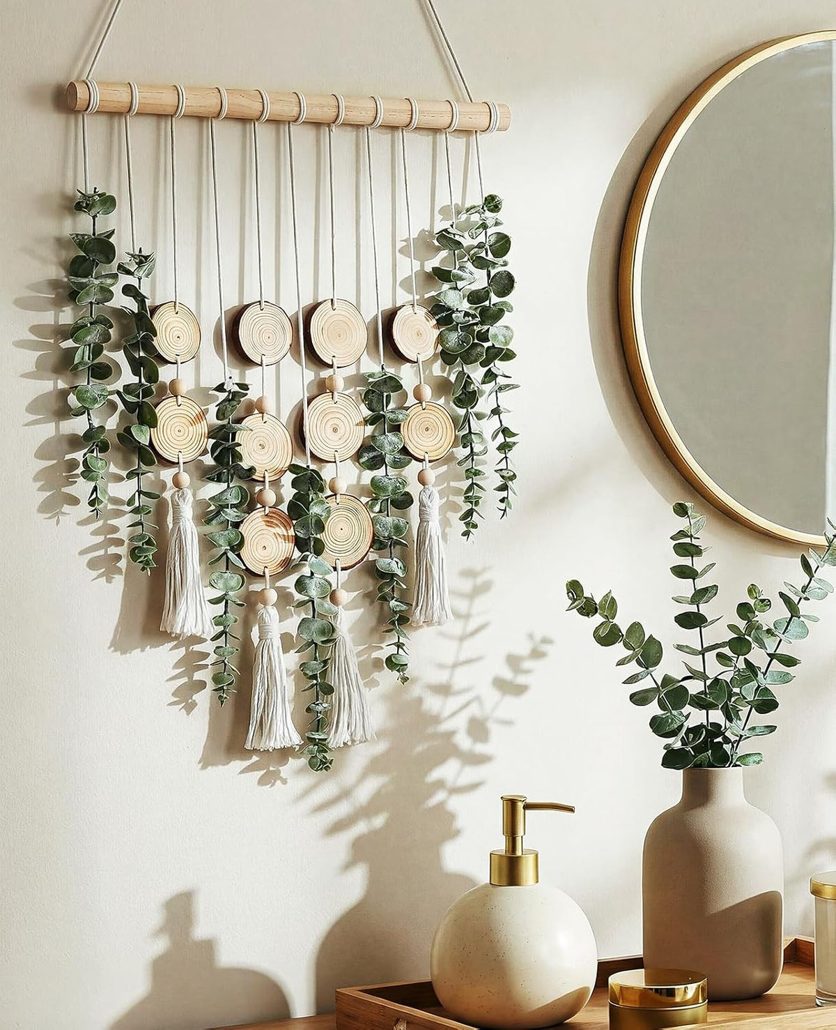 Fake Hanging Eucalyptus Wall Decor with Fake Greenery Leaves, Stems, and Wicker Ball, Artificial Eucalyptus Wall Hanging for Bathroom, Living Room, Bedroom Decor (24" L x 16" W)