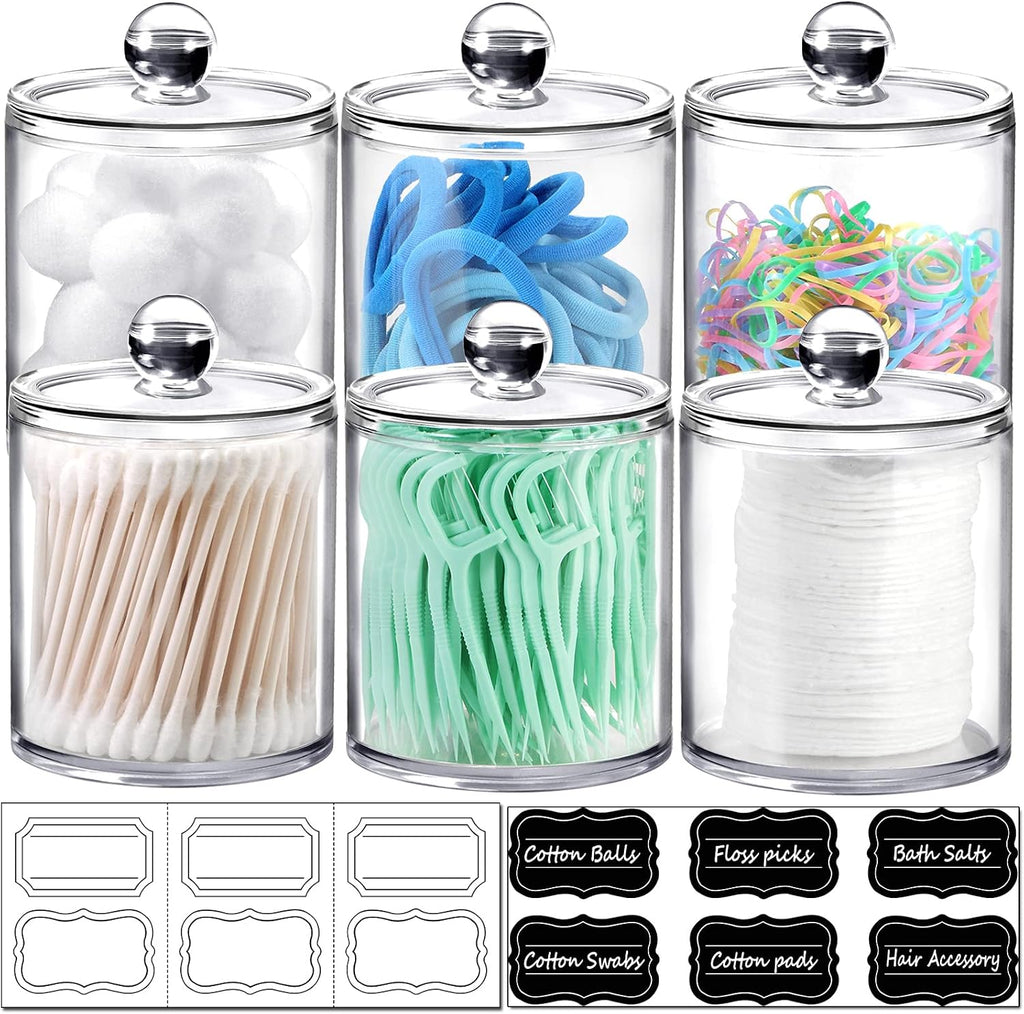 6 Pack Acrylic Qtip Holder with Labels, Qtip Jars for Bathroom
