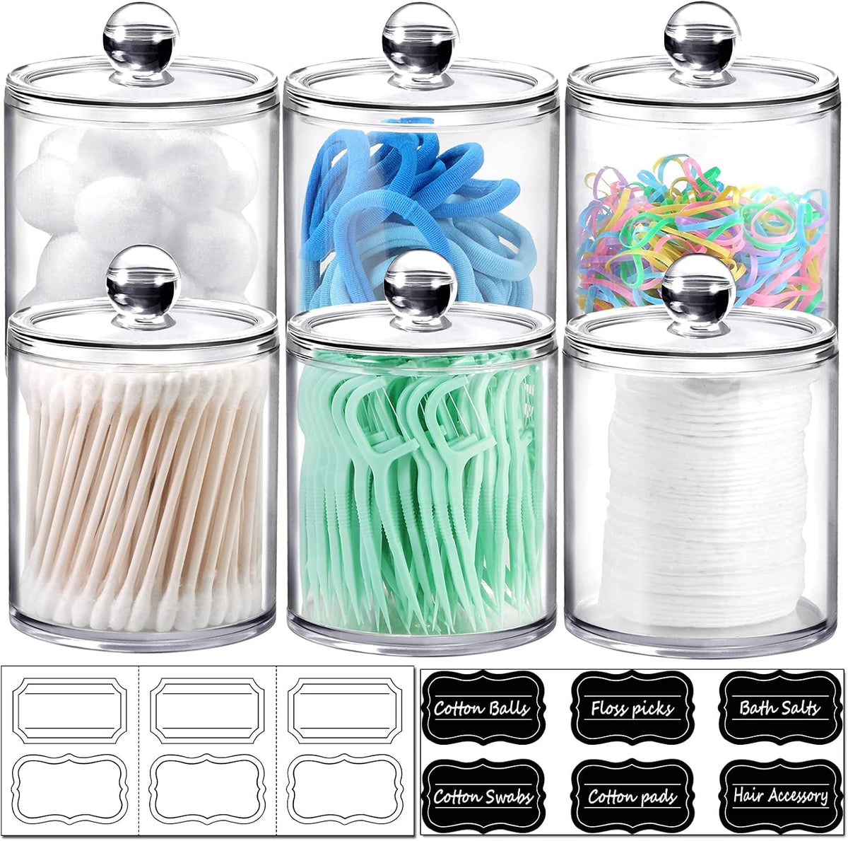 6 Pack Acrylic Qtip Holder with Labels, Qtip Jars for Bathroom