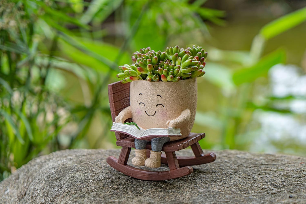Rocking Chair Smiley Face Planter with Drainage Hole, Cute Plant Pots for Indoor Outdoor Plants,Unique Flower Pot for Succulents, Gift for Mother's Day, Birthday, Christmas