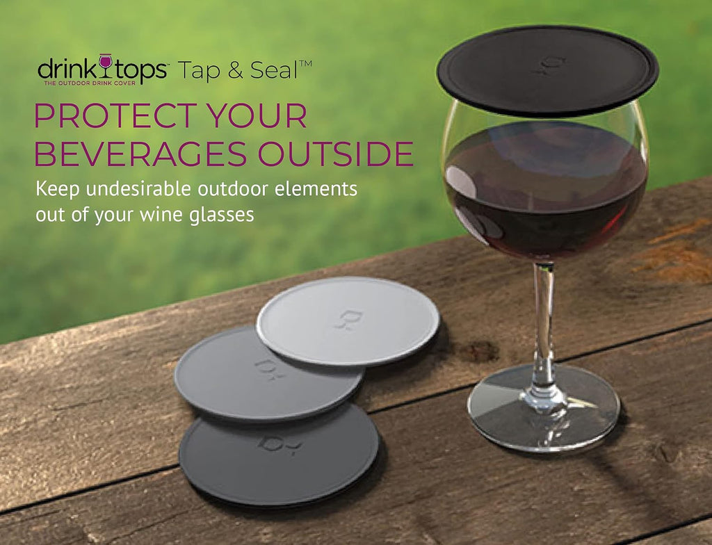 Drink Tops Tap & Seal Outdoor Drinking Glass Cover - Gently Suctions to Glasses to Keep Particles Out & Reduce Splashing - For Wine Glasses, Coffee & Tea Mugs, Beverage Glasses & More - 4pk
