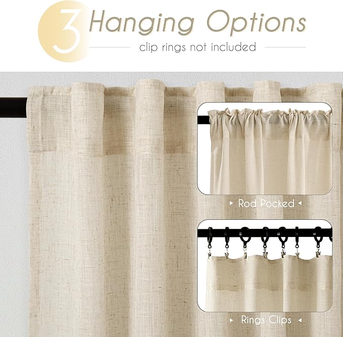 Faux Linen Beige Curtains 105 inches Long - Image 2