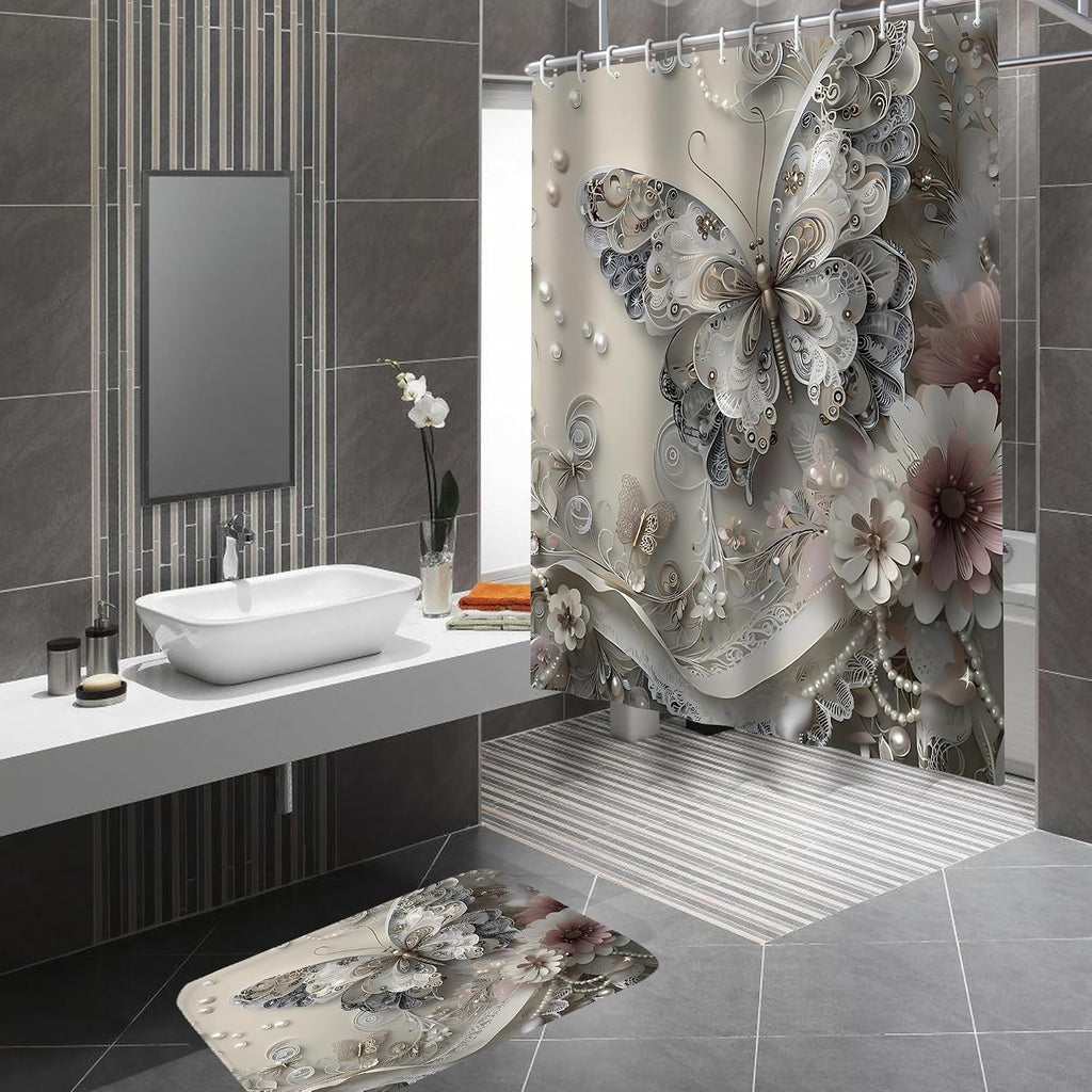 DDQQ 4Pcs Shower Curtain Sets, Gray Butterfly Bathroom Curtains Shower Set, Bathroom Decor Sets, Shower Curtain for Bathroom with Rugs, Toilet Lid Cover, Bath Mat and 12 Hooks, 71 x 71 Inches