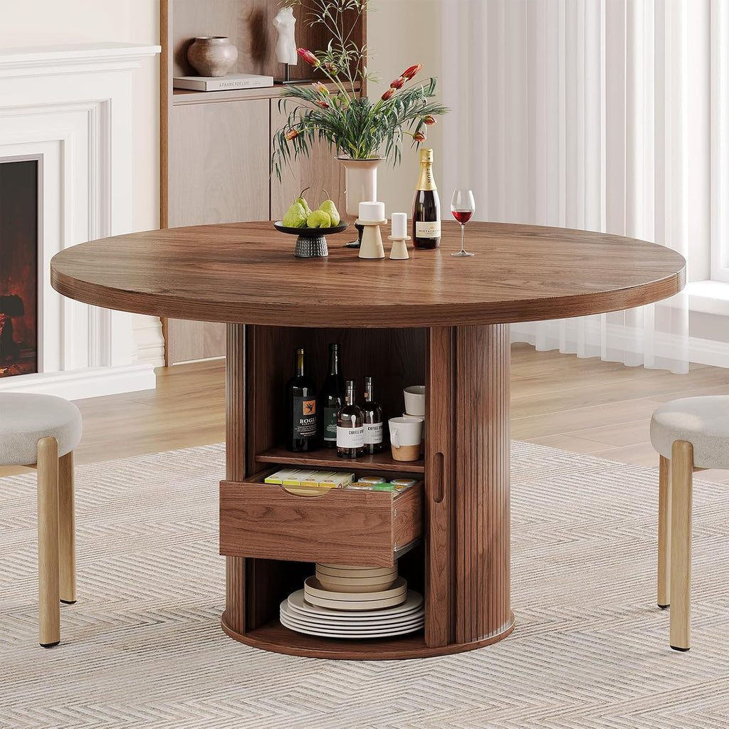 ComfyCorner 47" Dining Table with Storage, Round Kitchen Table Only Walnut