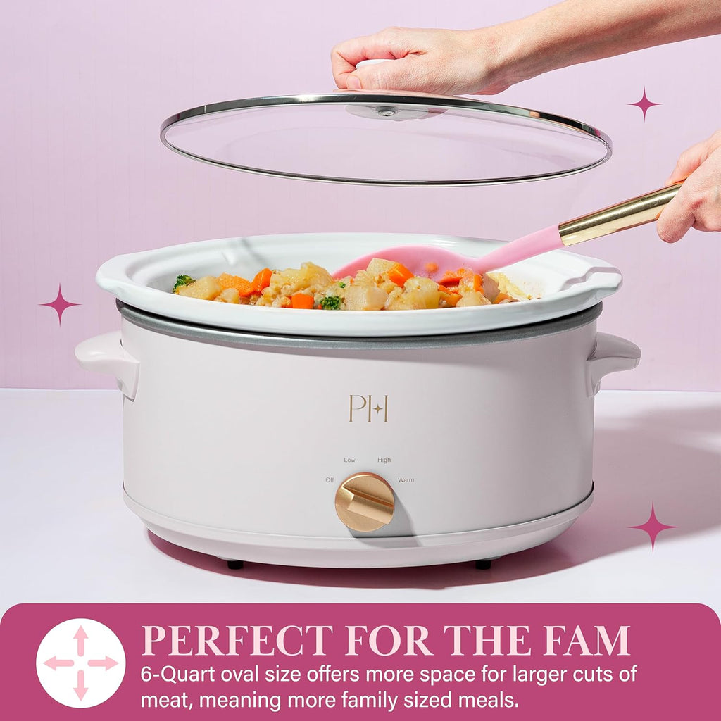 Paris Hilton 6-Quart Manual Slow Cooker, Naturally Nonstick Stoneware Ceramic Insert, Three Settings (Low, High, Warm), Dishwasher Safe Family Size Slow Cooker, White