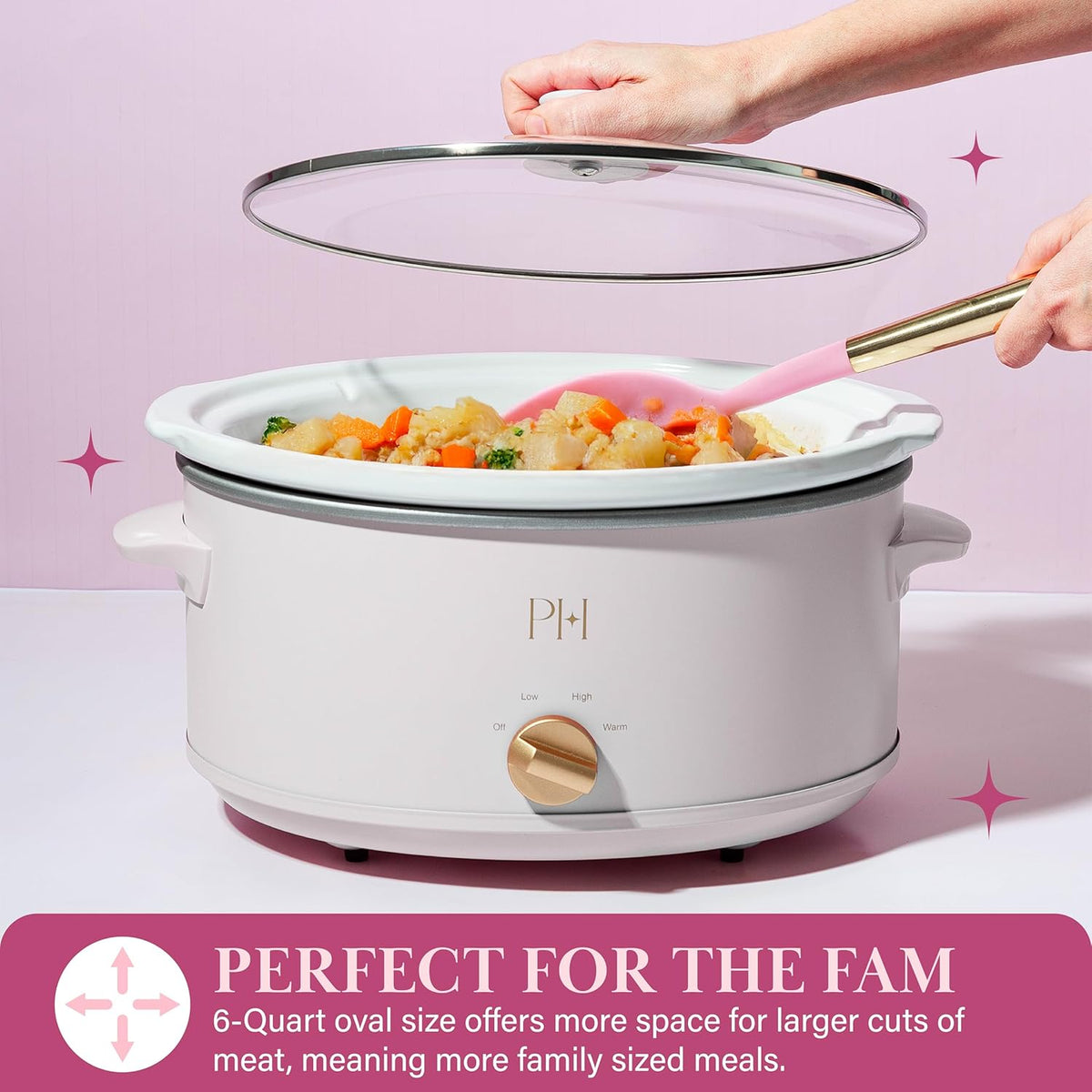 Paris Hilton 6-Quart Manual Slow Cooker, Naturally Nonstick Stoneware Ceramic Insert, Three Settings (Low, High, Warm), Dishwasher Safe Family Size Slow Cooker, White