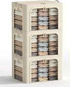 3 Openings Clothes Storage Bins with Metal Frame, Foldable Storage Bin for Clothes, Clothing Storage Bins with Lid, Linen Storage Box With Clear Window＆ Zippers＆ Durable Handles.(3 Pcs ,Beige,40L)