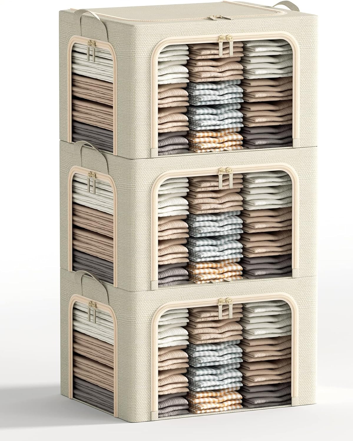 3 Openings Clothes Storage Bins with Metal Frame, Foldable Storage Bin for Clothes, Clothing Storage Bins with Lid, Linen Storage Box With Clear Window＆ Zippers＆ Durable Handles.(3 Pcs ,Beige,40L)
