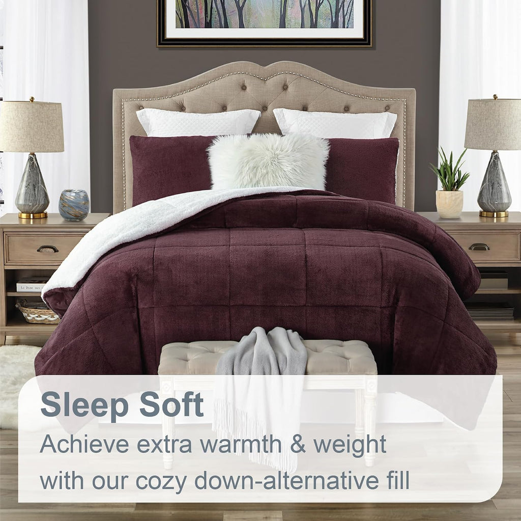 Swift Home Full/Queen Comforter Set, Reversible Faux Fur Sherpa, Wine
