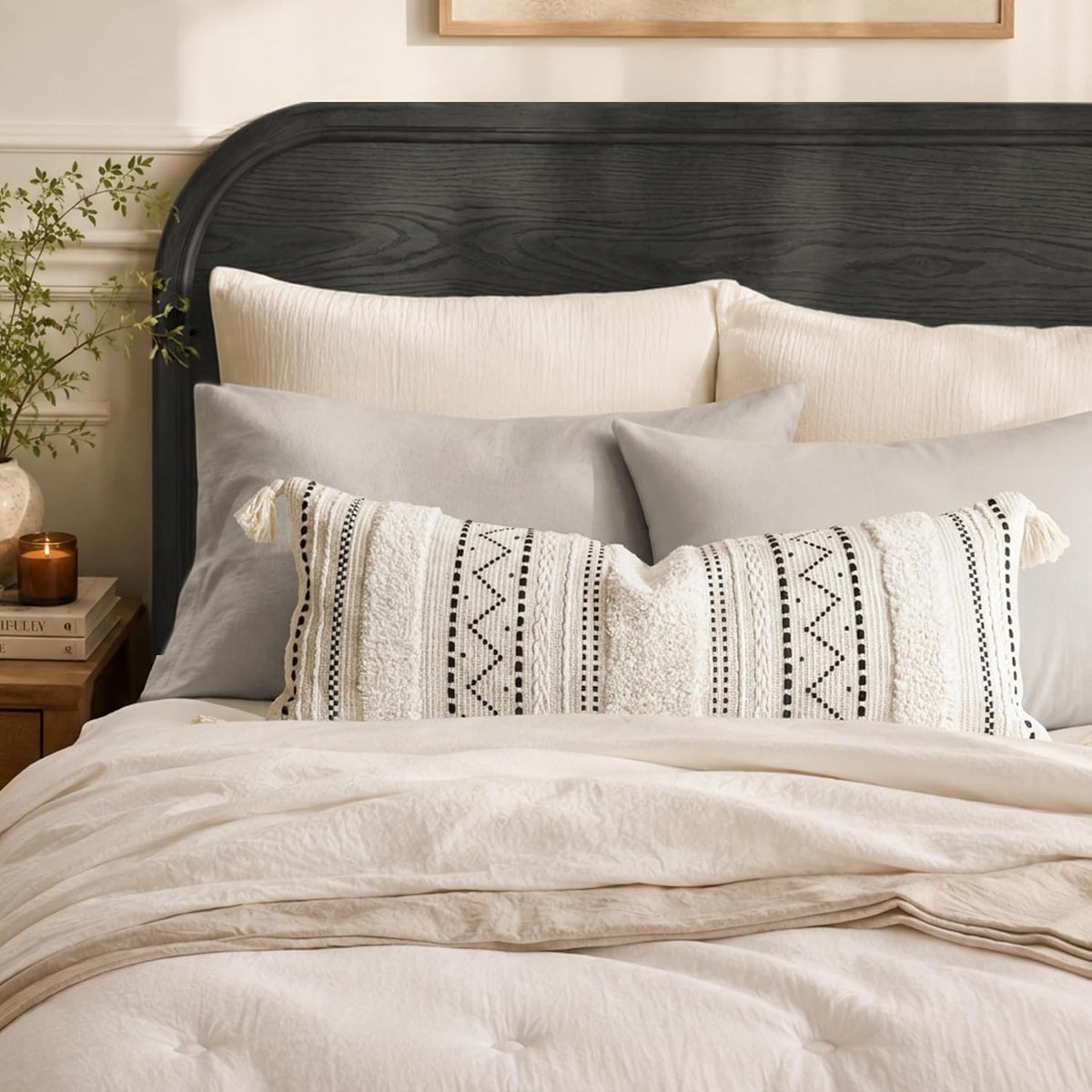 BlissBlush 14x36 Lumbar Pillow Cover for Bed, Rectangular Long Decorative Throw Pillowcase, Boho Accent Cushion with Black Tufted Pattern and Tassels, Cream Neutral (Cover Only)