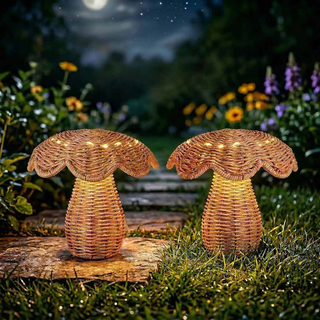 2 Pack Solar Mushroom Rattan Lanterns, 9’’ Handmade Wicker Lamp Mushroom Lights for Indoor Outdoor, Solar Outdoor Lamp Solar Lanterns for Table Deck Yard Patio Walkway Porch, Home Decor, Boho Decor