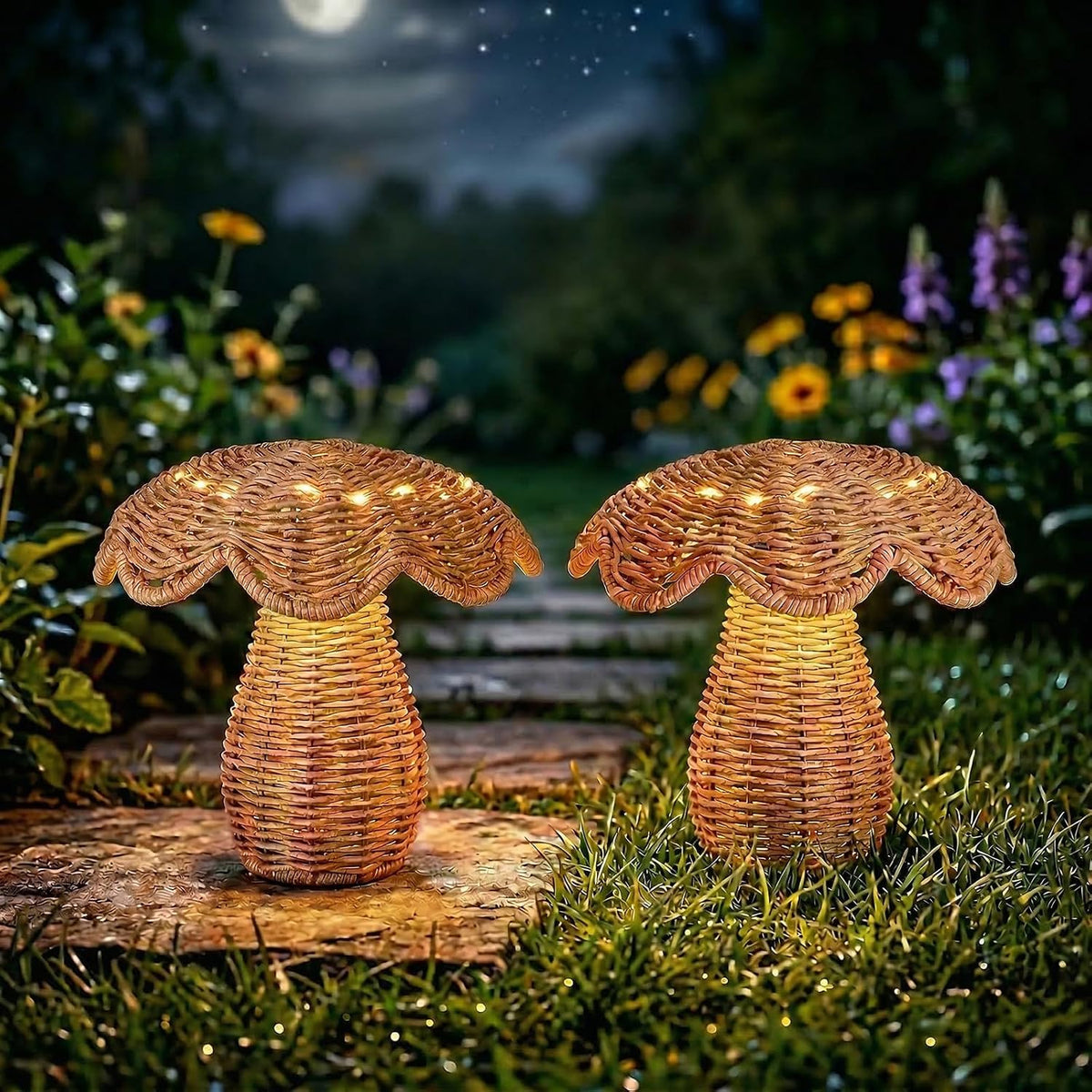 2 Pack Solar Mushroom Rattan Lanterns, 9’’ Handmade Wicker Lamp Mushroom Lights for Indoor Outdoor, Solar Outdoor Lamp Solar Lanterns for Table Deck Yard Patio Walkway Porch, Home Decor, Boho Decor