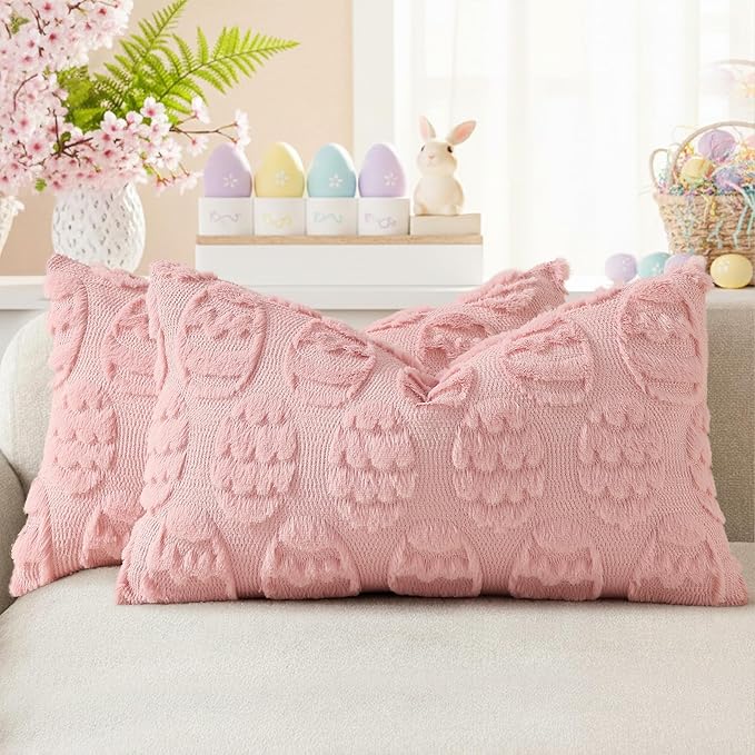 decorUhome Easter Pink Egg Pillow Covers 12x20 Inch Set of 2, Soft Plush Faux by decorUhome