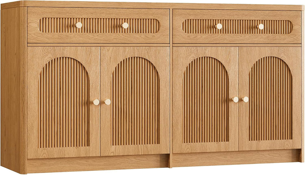 59" W Arched and Fluted Sideboard Buffet Cabinet with Storage, Oak