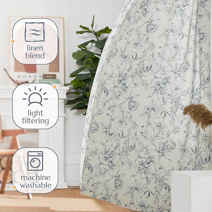 jinchan Floral Curtains 96 Inches Long Blue Flower Linen Farmhouse Curtain - Image 8