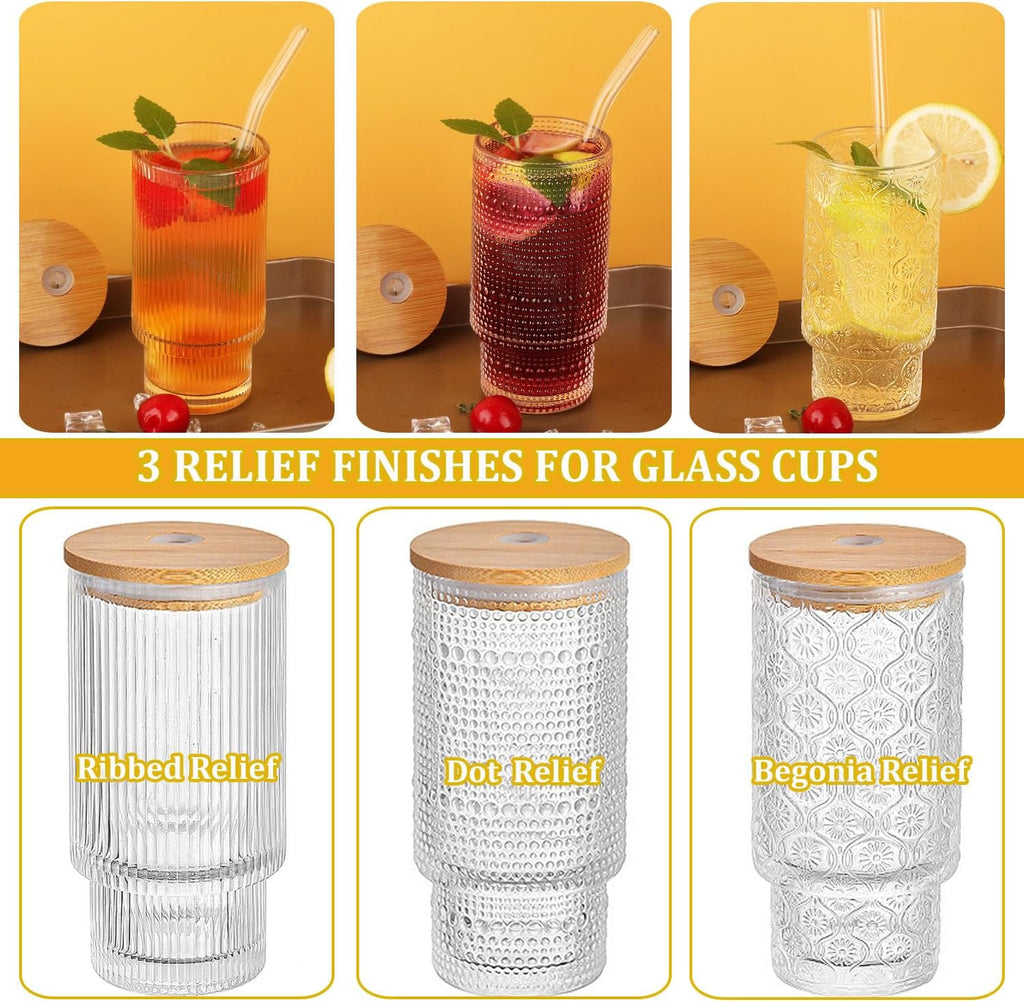 Glass Cups Set with Straw/Bamboo Lid, 12 oz Stackable Serving Drinking Glasses, Ideal for Whiskey/Cocktails/Juice/Coffee/Beer, Dishwasher Safe, 3 Patterns of Vintage Glassware Sets (6 Pcs)