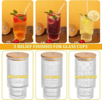 Glass Cups Set with Straw/Bamboo Lid, 12 oz Stackable Serving Drinking Glasses, Ideal for Whiskey/Cocktails/Juice/Coffee/Beer, Dishwasher Safe, 3 Patterns of Vintage Glassware Sets (6 Pcs)