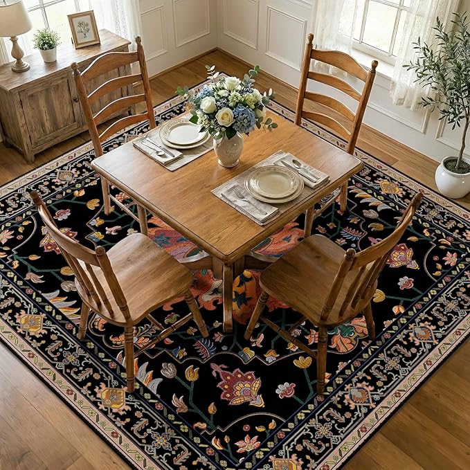 RELEANY Area Rugs Square 7ft Washable Non-Slip, Floral Vintage Distress Print by RELEANY