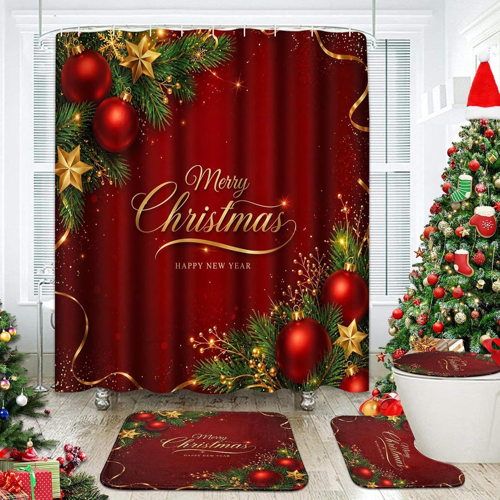 ArtSocket Christmas Bathroom Sets with Shower Curtain and Rugs, Red Gold