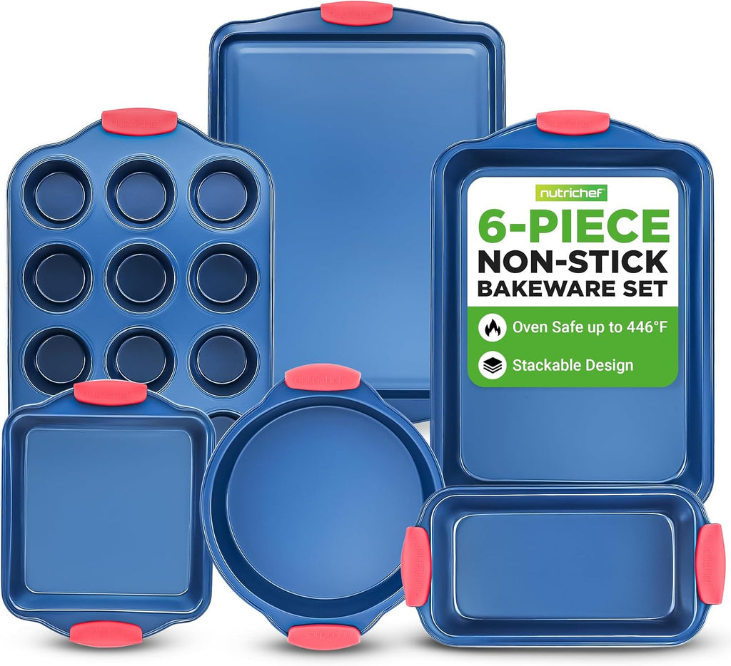 NutriChef 10-Piece Nonstick Bakeware Set - Premium Carbon Steel Baking Pans w/Silicone Handles - Includes Pizza Tray with Holes, 12 & 24 Cup Muffin Pans, Cookie Sheets, Round, Square & Loaf Pan - Blue