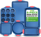 NutriChef 10-Piece Nonstick Bakeware Set - Premium Carbon Steel Baking Pans w/Silicone Handles - Includes Pizza Tray with Holes, 12 & 24 Cup Muffin Pans, Cookie Sheets, Round, Square & Loaf Pan - Blue