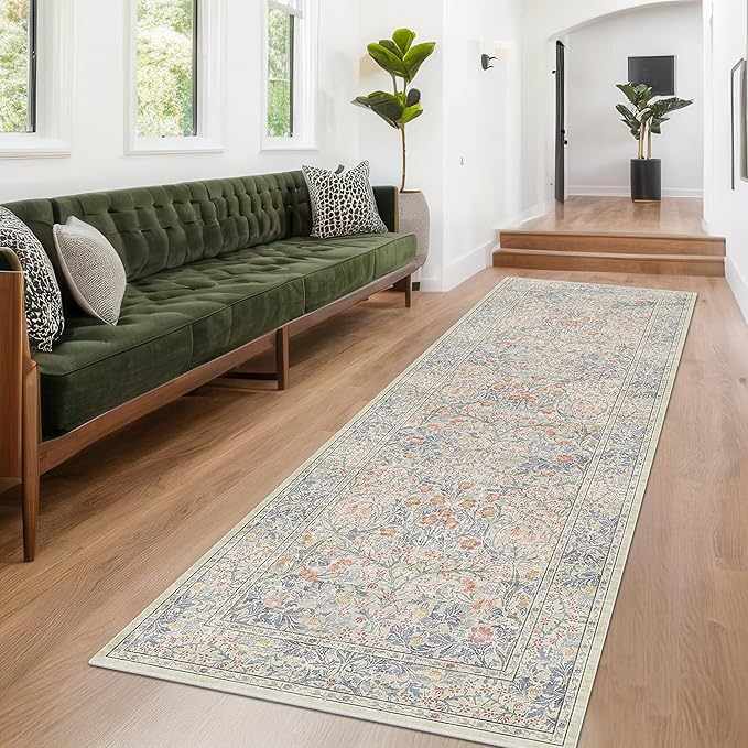 Vintage Beige Blue 3x10 Runner Rug by HazoHaus