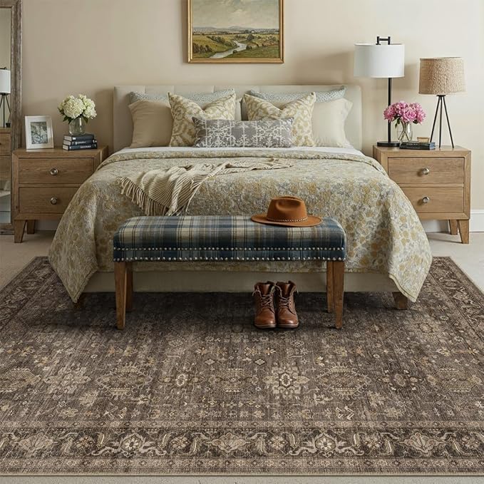 10x12 Washable Area Rug for Living Room Bedroom Vintage Brown Non Slip Carpet - Image 4