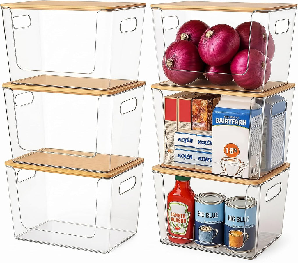 CiWiVOKi 6 Pack Clear Stackable Storage Bins with Bamboo Lids, Trash Bag Holder Dispenser Under Sink Organizer for 4-13 Gal Bags, Plastic Storage Containers for Pantry Bathroom Kitchen Organization