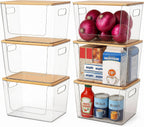 CiWiVOKi 6 Pack Clear Stackable Storage Bins with Bamboo Lids, Trash Bag Holder Dispenser Under Sink Organizer for 4-13 Gal Bags, Plastic Storage Containers for Pantry Bathroom Kitchen Organization