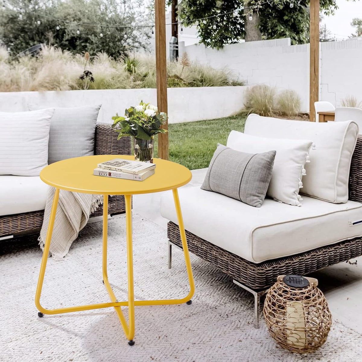 Meluvici Patio Small Outdoor Side Table Waterproof Round Metal Steel Side Table Weather Resistant Portable Outdoor and Indoor End Table for Garden Balcony Yard, Yellow