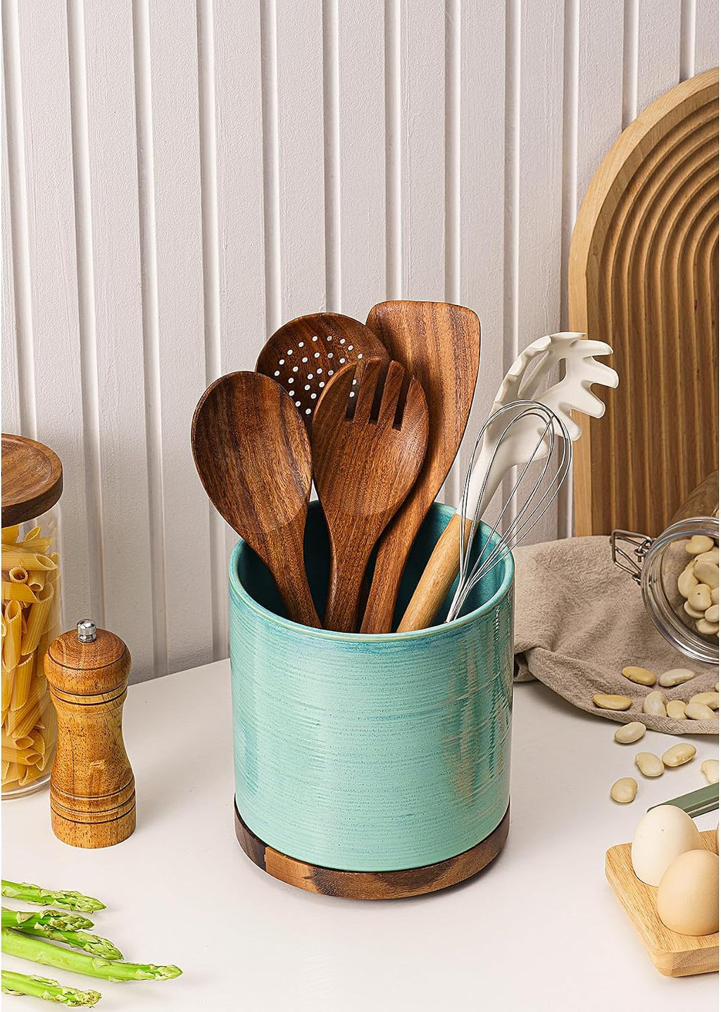 Utensil Holder, 360° Rotating Extra Large Ceramic Kitchen Utensil Holder for Countertop, Cooking Utensil Crocks for Counter with Rotatable Wooden Base, Farmhouse Kitchen Decor, Green
