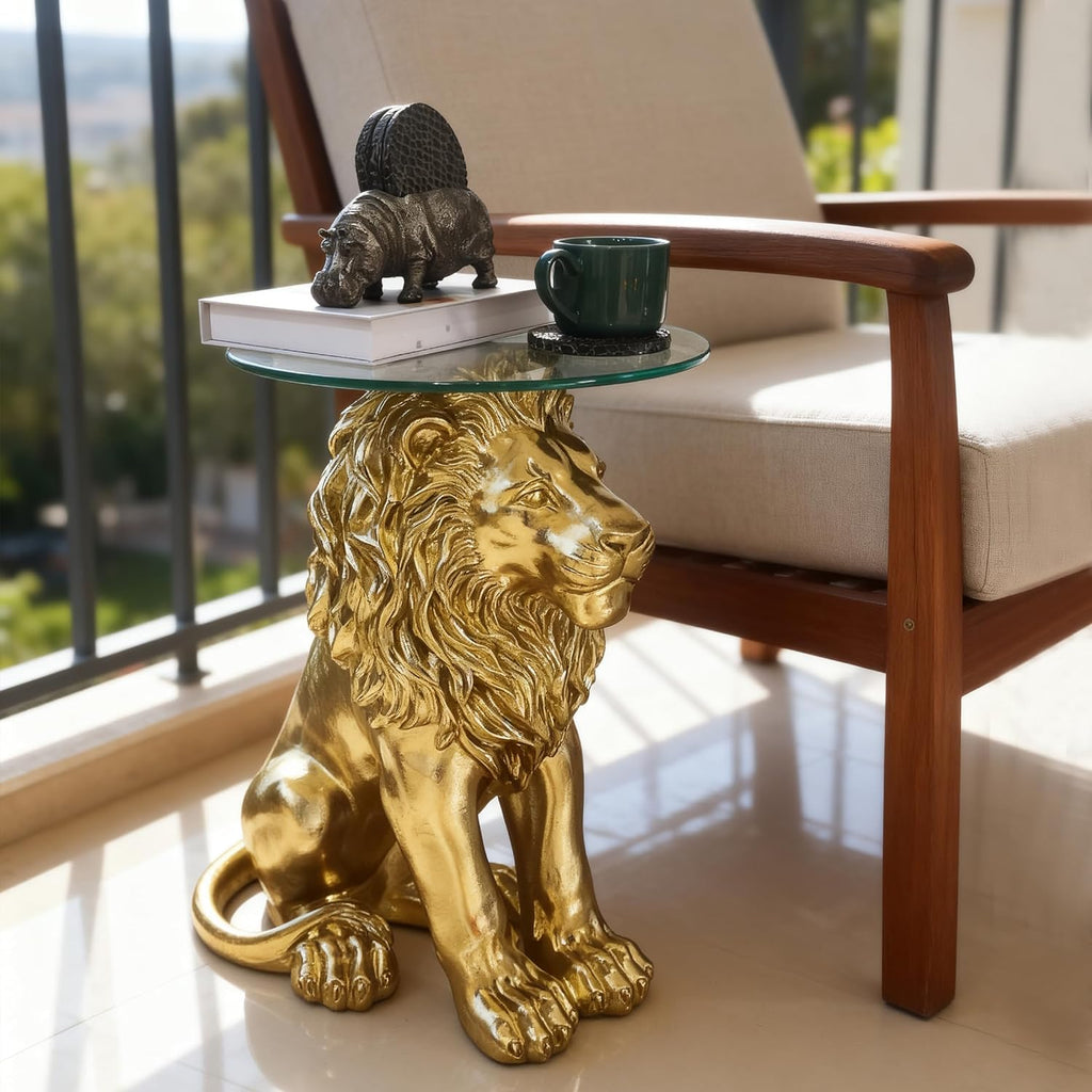 Lion Statue Side Table, 13 inch Tempered Glass Coffee Table