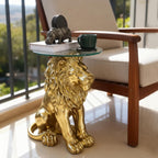 Lion Statue Side Table, 13 inch Tempered Glass Coffee Table